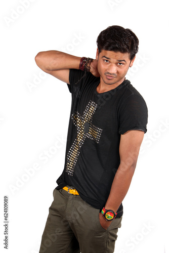 Obraz na płótnie A young handsome Indian guy suffering from neck pain, on white studio background w salonie
