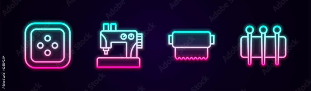 Set line Sewing button for clothes, machine, Textile fabric roll and Needle sewing. Glowing neon icon. Vector Set line Sewing button for clothes, machine, Textile fabric roll and Needle sewing. Glowing neon icon. Vector