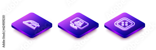 Set Isometric line Electric iron, Thimble for sewing and Sewing button clothes icon. Vector