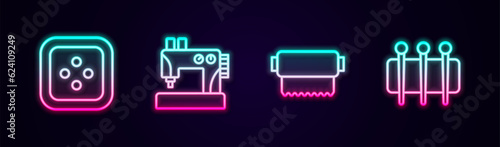 Set line Sewing button for clothes, machine, Textile fabric roll and Needle sewing. Glowing neon icon. Vector