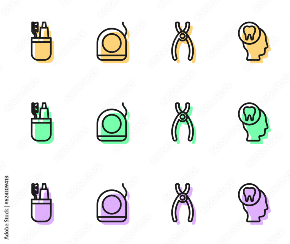 Fototapeta premium Set line Dental pliers, Toothbrush and toothpaste, floss and Toothache icon. Vector
