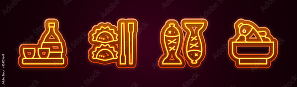 Set line Bottle of sake, Dumpling with chopsticks, Served fish on plate and Rice bowl. Glowing neon icon. Vector Set line Bottle of sake, Dumpling with chopsticks, Served fish on plate and Rice bowl. Glowing neon icon. Vector