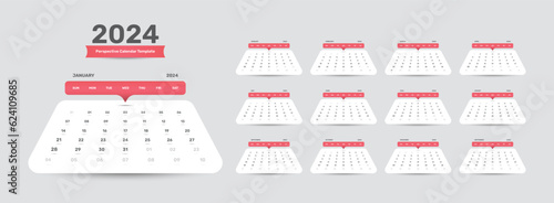 Minimalist perspective calendar template of 2024 with drop shadow and accurate date format