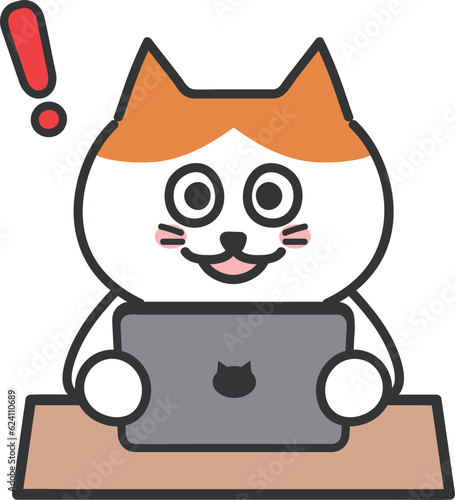 Tabby cartoon cat finds unexpected things on a digital tablet, vector illustration.