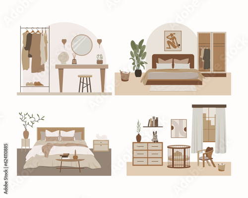 Modern bedroom flat vector design. Composition in scandinavian style