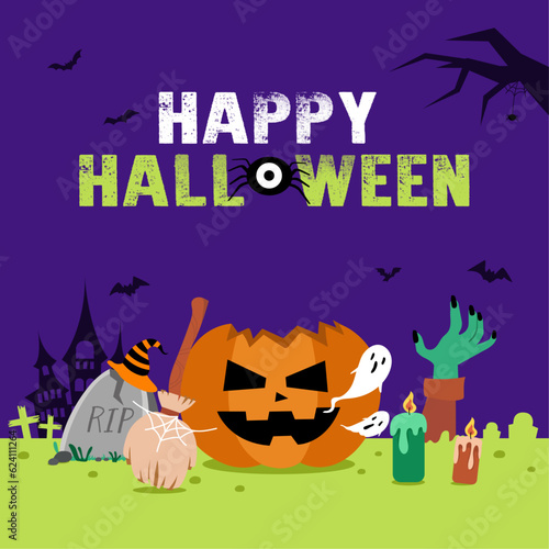 halloween banner with pumpkin  gravestone  candle  bloom and ghost on yellow-purple background.