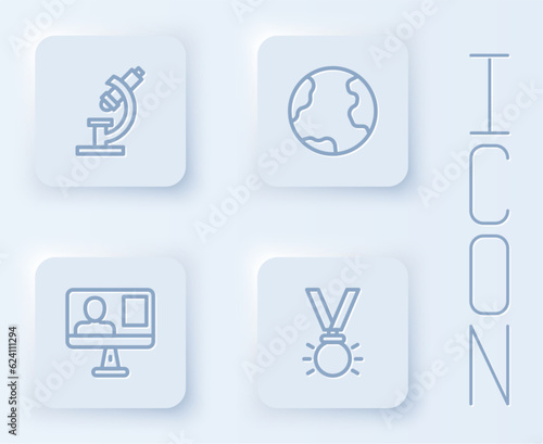 Set line Microscope, Earth globe, Online class and Medal. White square button. Vector