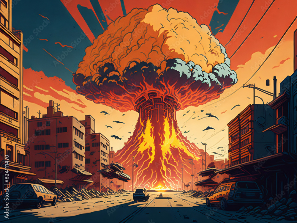nuclear bomb in city comic - obrazy, fototapety, plakaty 