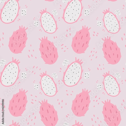 Dragon fruit seamless pattern. Pastel pink, Fruit background.