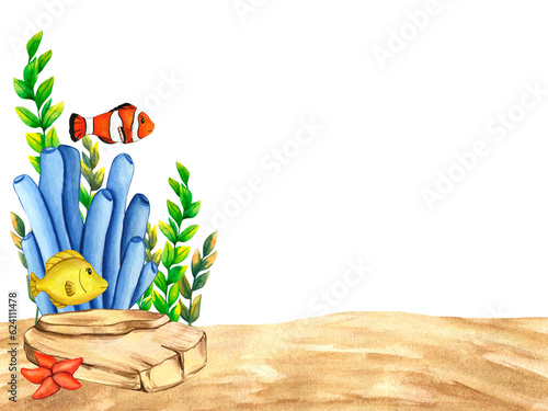 Watercolor stones, starfish, cartoon clown fish, cute yellow tang fish, blue, violet seaweed, red coral reef. Illustrations underwater grass and undersea animals, nature landscape elements for kids