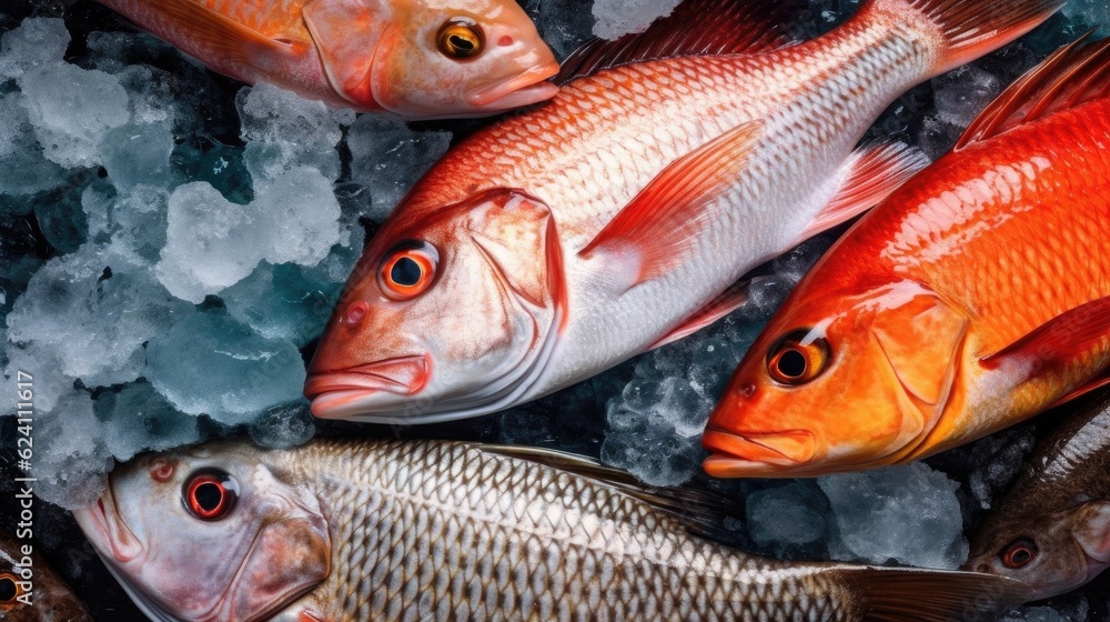 Top view of japanese fresh fishes and crustacean on white background. Generative Ai Top view of japanese fresh fishes and crustacean on white background. Generative Ai