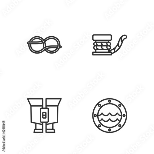 Set line Ship porthole, Binoculars, Nautical rope knots and Marine bollard with icon. Vector