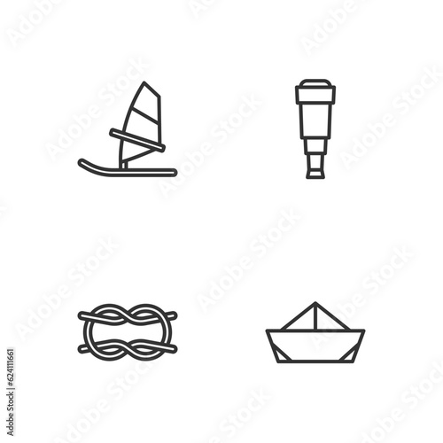 Set line Folded paper boat, Nautical rope knots, Windsurfing and Spyglass telescope lens icon. Vector