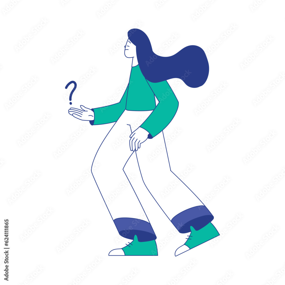 Young Woman Character at the Crossroads with Question Mark Standing and Thinking Vector Illustration