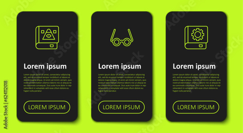 Set line Ancient magic book, Glasses and User manual. Business infographic template. Vector
