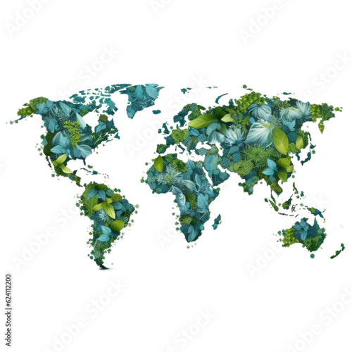 Ecology concept globe map and leaves on transparent background. Generative AI 2