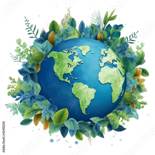 Ecology concept globe map and leaves on transparent background. Generative AI 5