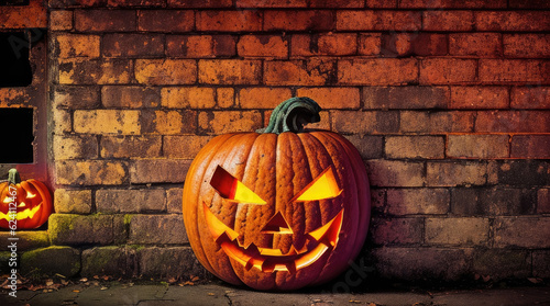 jack o lantern on a brick wall as a background for halloween day celebration