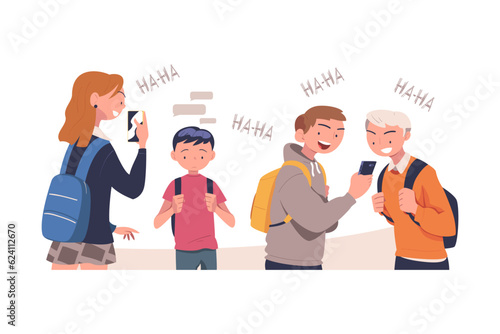 Teen Boy Victim of Cyberbullying Suffering from Violence and Hatred from Social Media Vector Illustration