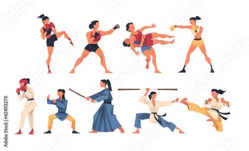 Different Types of Struggle with Woman Engaged in Martial Arts Vector Set