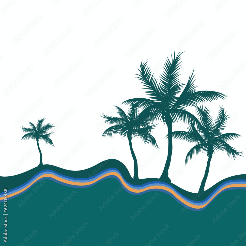 Vector illustration of a beach with coconut trees on a white background.