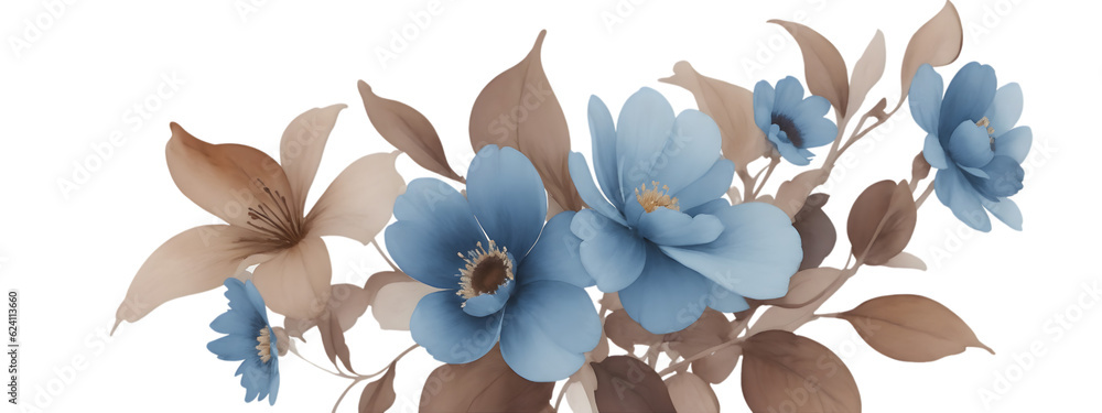 Old light muted coffee brown and blue color flowers vector watercolor painting. transparent background (PNG)