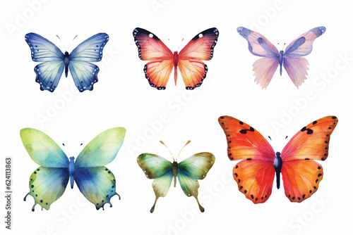 Butterfly collection. Watercolor illustration. Colorful Butterflies clipart set. Pink blue butterfly. Baby shower design elements. Party invitation, birthday celebration. Spring or summer decoration © KhWutthiphong