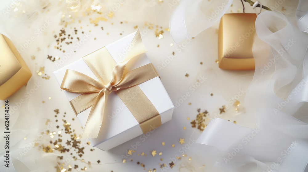 Top view of gold gift box with golden decorations on white background. Top view of gold gift box with golden decorations on white background.