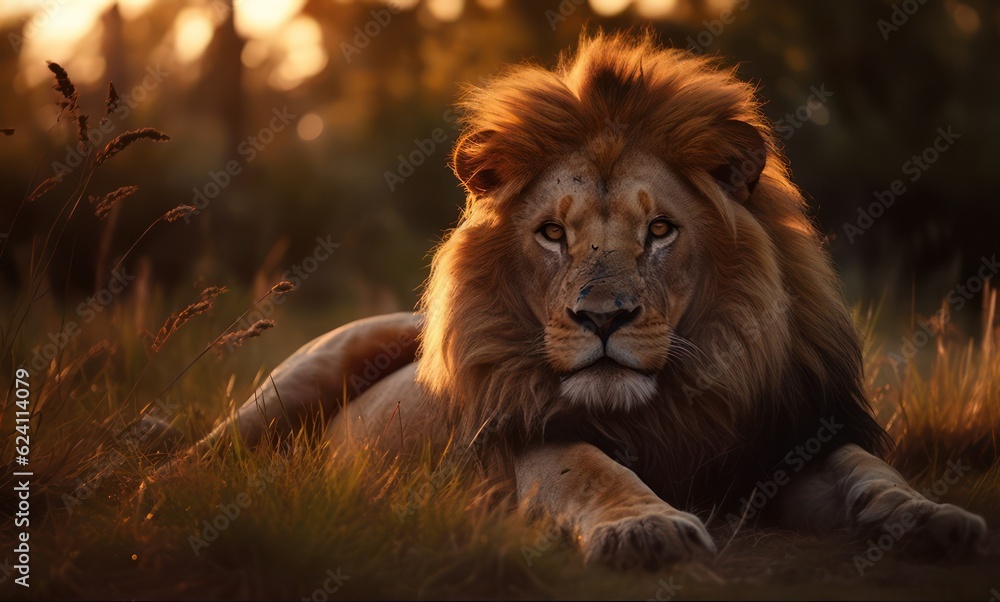 Naklejka premium Majestic lion resting in savanna, sunset light, candid shot, vertical composition