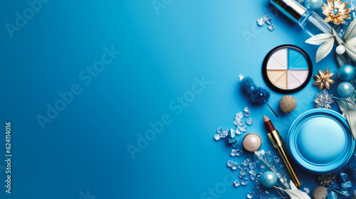 Top view of beauty cosmetic makeup on blue background, brushes collection.