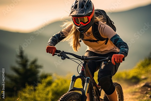 Fotografie, Obraz Cyclist woman in helmet and goggle riding the downhill mountain bike on the summ