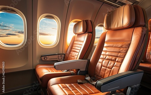 Empty airplane seats and windows, close up view generative ai © GulArt