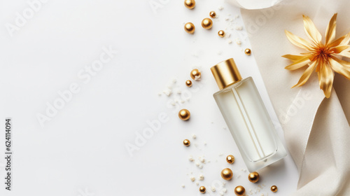 Top view of luxury serum bottle with copy space on white background.