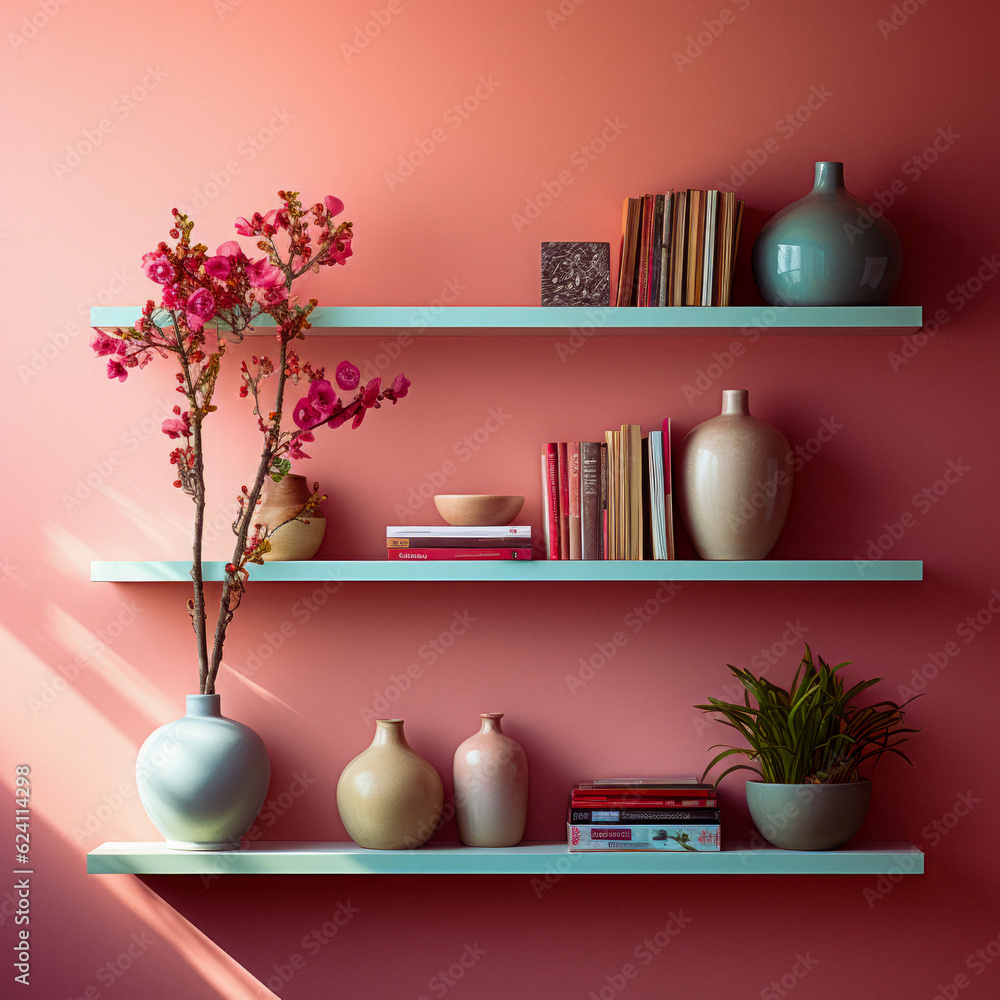 Three floating decorative wall shelves. Generative AI photos. Three floating decorative wall shelves. Generative AI photos.