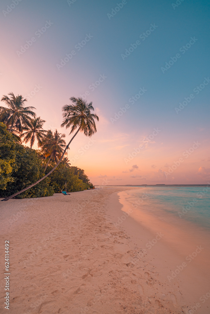 Fototapeta premium Fantastic closeup calm sea waves, sand with colorful sunrise sunset light sky. Tropical island beach. Travel landscape, exotic shore coast. Summer vacation holiday amazing nature. Relax paradise scene