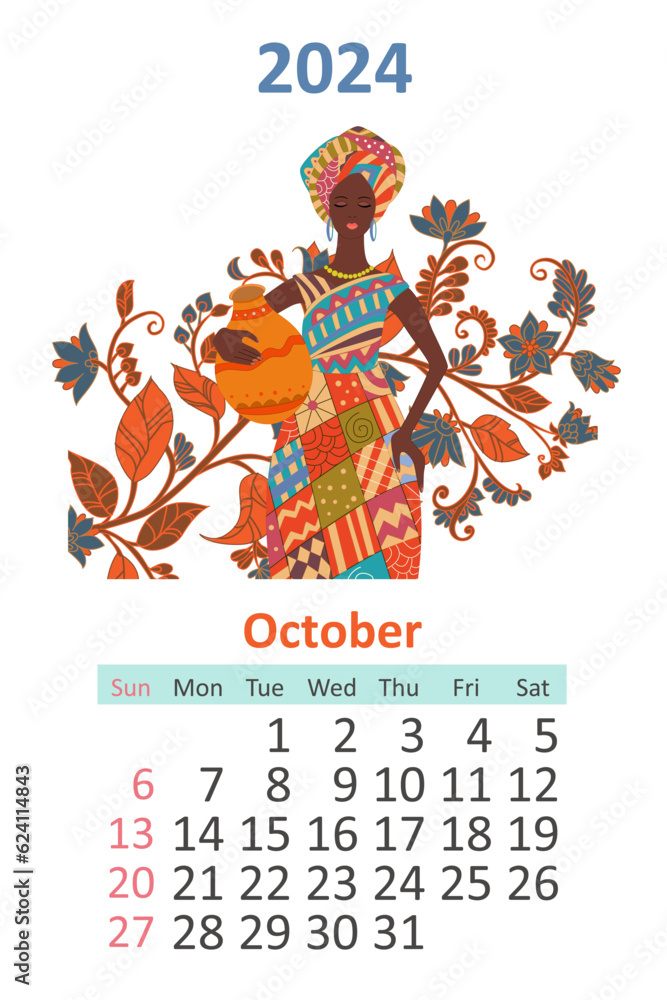 Naklejka premium Calendar 2024 October template. beautiful African girl in an eth