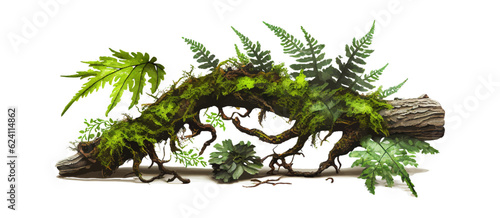 Epiphytic green leaves of ferns and mosses grow on old logs. Vector illustration desing.