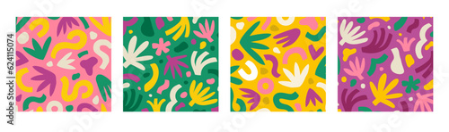 Abstract hand drawn cards with floral shapes. Colorful bright freehand backgrounds. Contemporary art poster set. EPS 10 vector illustration