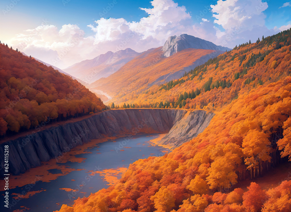 Autumnal landscape with yellow and orange leaves on trees. Nature background. Generative AI
