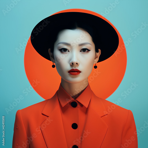 woman wearing orange clothers with orange circle and terkwaz background photo