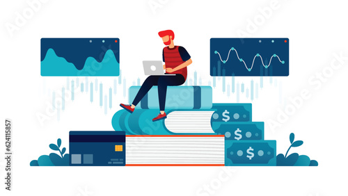 Illustration of Economics and business students study finance banking diagrams to make financial investment choices on credit card bonds. Can be used for web website poster mobile apps magazine ads