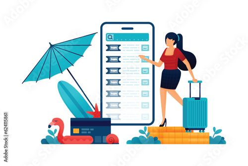 Illustration of woman carrying suitcase and choosing ticket for vacation on beach in summer. purchase and payment apps for booking tickets. Can be used for web website poster mobile apps magazine ads