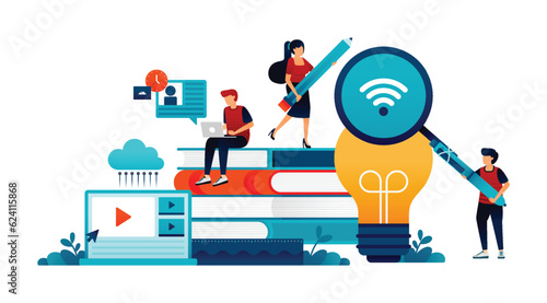 Illustration of students study on pile of books. ideas and inspiration for modern teaching and learning system technology using video media. Can be used for web website poster mobile apps magazine ads