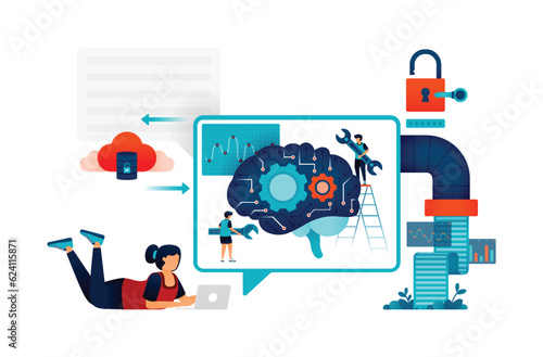 Illustration of students chat or communicate with artificial intelligence to get problem solving with data access form protected database. Can be used for web website poster mobile apps magazine ads