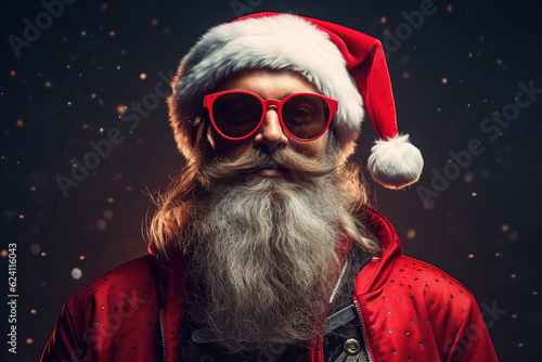 Santa claus hipster, portrait of a bearded smiling man in red glasses and festive cap on dark background with lights © Sergio