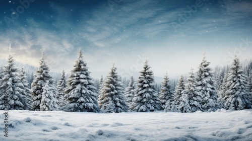 Christmas background with snowy fir pines trees AI generated image