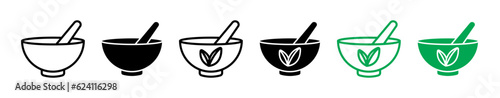 Mortar and pestle icon set. herbs medicine symbol. ayurvedic pill crusher line symbol. indian ayurveda bowl sign in black and green color.