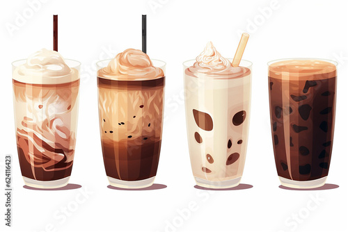 Hot and Cold Coffee Beverage Set: Espresso, Americano, Cappuccino, Latte, and Iced Macchiato. Flat Vector Illustrations Isolated on White Background.