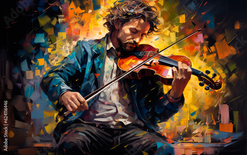 Artistic and colorful painting of a violinist man playing the violin. Generative AI.