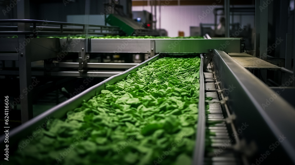 Tapis roulant a vibrations, triant et acheminant de la salade en feuilles pour emballage - Générative IA